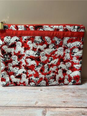 Neiman Marcus Carolina Herrera Red and White Dog Print Zip Pouch